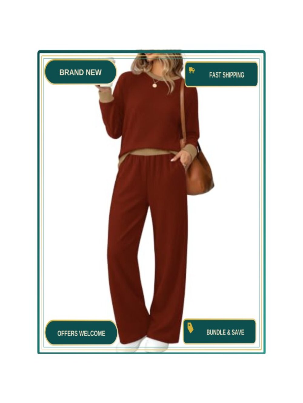 WIHOLL Two Piece Lounge Set Womens Crew Neck Raglan Sleeve Wide Leg Pant Set